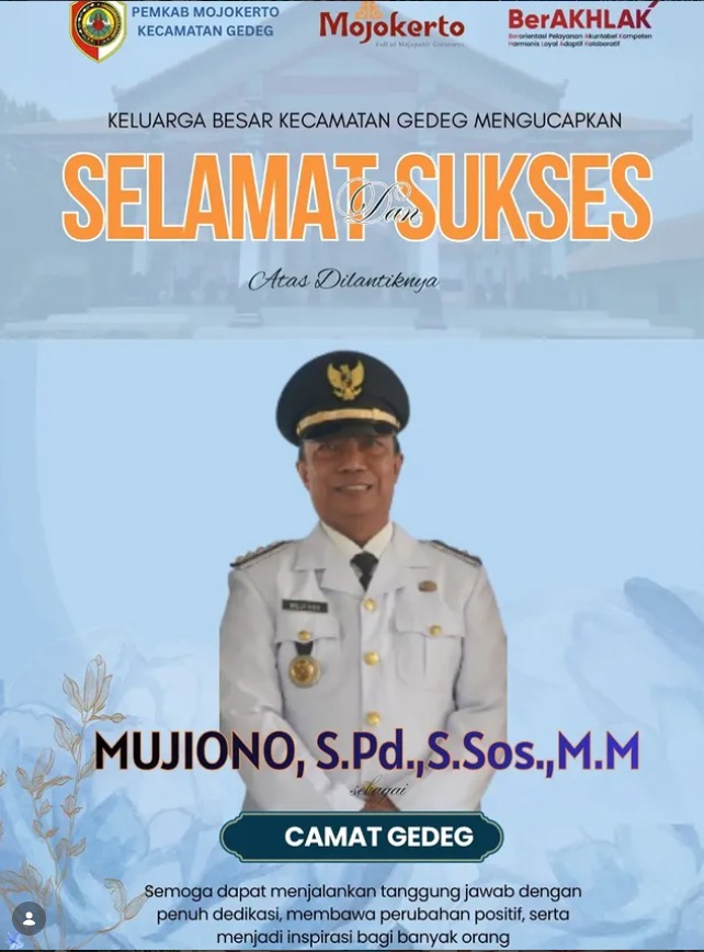 SELAMAT DAN SUKSES ATAS DILANTIKNYA BAPAK MUJIONO, S.PD., S.SOS., M.M